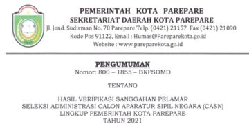 BKPSDMD Umumkan Hasil Sanggah Seleksi CASN Parepare 2021