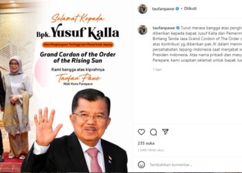 Wali Kota Parepare Sampaikan Selamat ke Mantan Wapres RI Jusuf Kalla Usai Padat Penghargaan Tertinggi Dari Kaisar Jepang