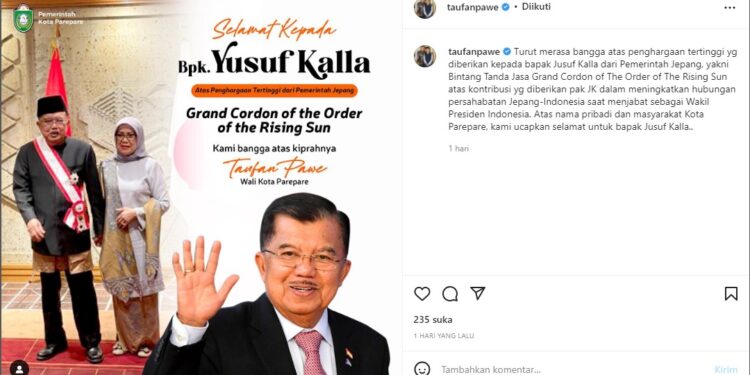 Wali Kota Parepare Sampaikan Selamat ke Mantan Wapres RI Jusuf Kalla Usai Padat Penghargaan Tertinggi Dari Kaisar Jepang