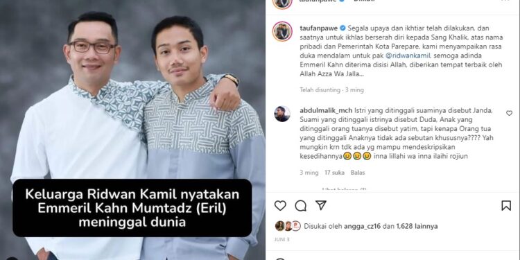 Keluarga Ridwan Kamil Nyatakan Eril Meninggal Dunia, Taufan Pawe Sampaikan Duka