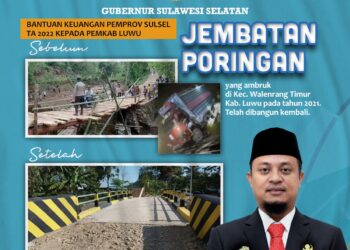 Pemprov Sulsel Bangun Kembali Jembatan Poringan di Luwu yang Ambruk