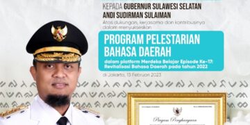 Andi Sudirman Raih Penghargaan  Pelestarian Bahasa Daerah