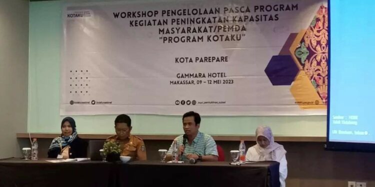 Workshop Pengelolaan Pasca Program Kegiatan Peningkatan Kapasitas Masyarakat dan Pemda Program NSUP-KOTAKU di Hotel Gammara, Makassar, pada Selasa (9/5/2023)