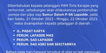 Pengerjaan Pompa dan Pipa Isap, PAM Tirta Karajae Umumkan Gangguan Distribusi Air