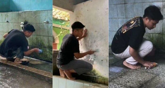 Sumber Foto: Kolase aksi Cecep membersihkan toilet masjid yang viral di media sosial dan mendapat respons positif dari warganet. (HO/Istimewa)