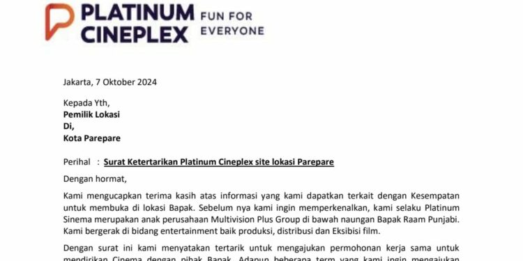 Letter of Interest (LoI) dari Platinum Sinema, anak perusahaan Multivision Plus.