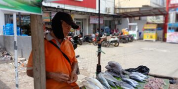 Nurdin,  penjual ikan sementara menunggu pembelinya