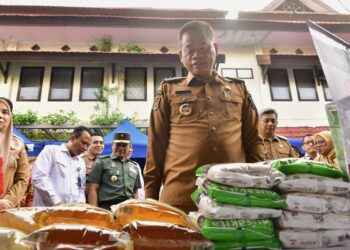 Pj Gubernur Sulsel, Prof Fadjry Djufry meninjau peluncuran GPM yang dilaksanakan serentak di 24 kabupaten/kota se Sulsel yang dipusatkan di Halaman Kantor Dinas Ketahanan Pangan Provinsi Sulsel, Selasa (14/1/2025)