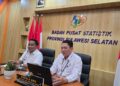 Kepala BPS Sulsel, Aryanto, didampingi Kepala Biro Ekonomi dan Pembangunan Setda Sulsel Junaedi Bakri, saat merilis data tersebut, di Kantor BPS Sulsel, Rabu (15/1/2025)