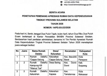Rumah DataKu “Cappa Galung” Parepare Juara Satu Apresiasi Rumah Data Kependudukan Sulsel 2026