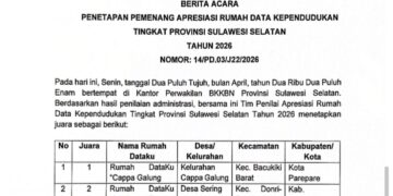Rumah DataKu “Cappa Galung” Parepare Juara Satu Apresiasi Rumah Data Kependudukan Sulsel 2026